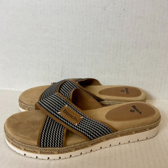 Bench Victoria Sandals 10 Brown Black White Slip On Cushioned Criss-Cross - Picture 1 of 11